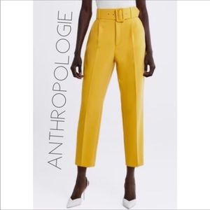 Anthropologie Yellow Pleated Belted Crop Pants